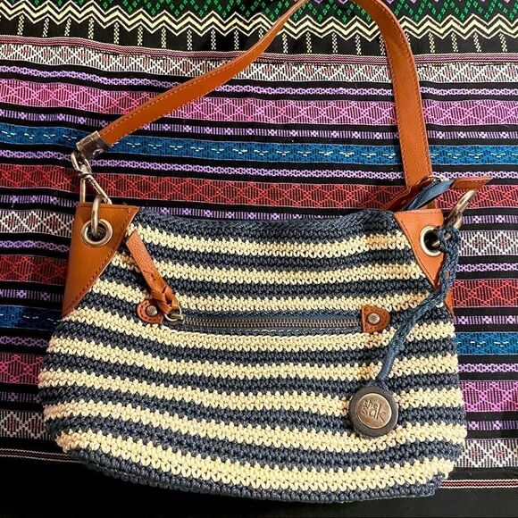 The Sak Indio Hand-crocheted striped woven bag cream navy leather shoulder bag - Picture 7 of 12